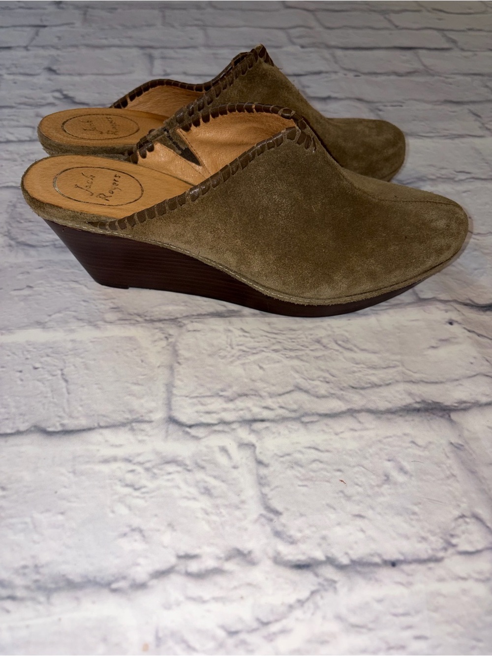 Jack Rogers Simone Wedge Mule - Size 8.5. Olive Green Suede